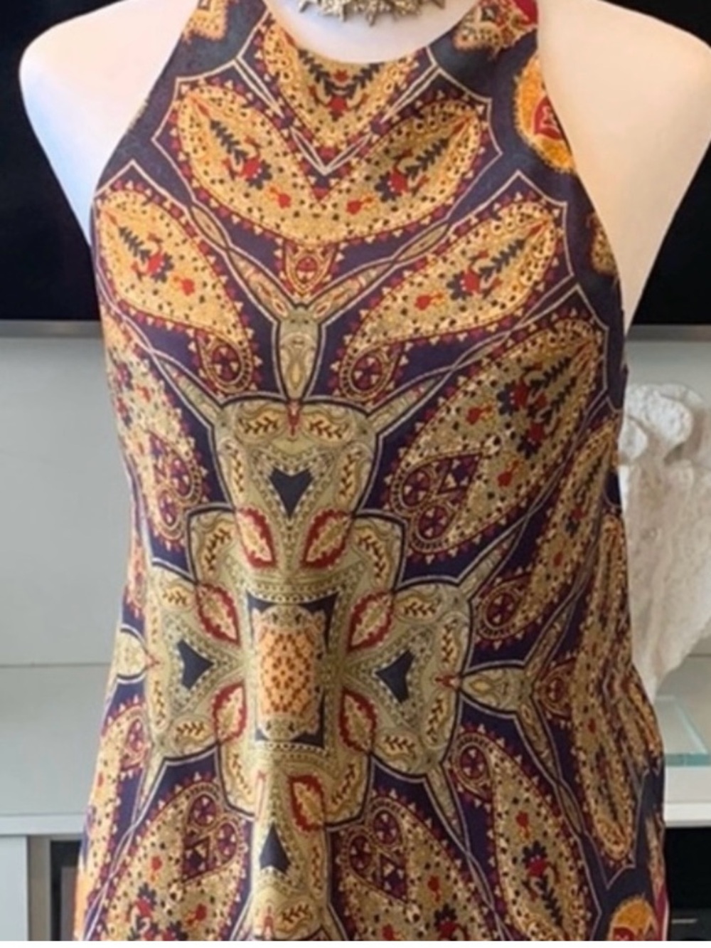 Halter Neck Bohemian Print Women's Top in Navy and Mustard-Zara NWT